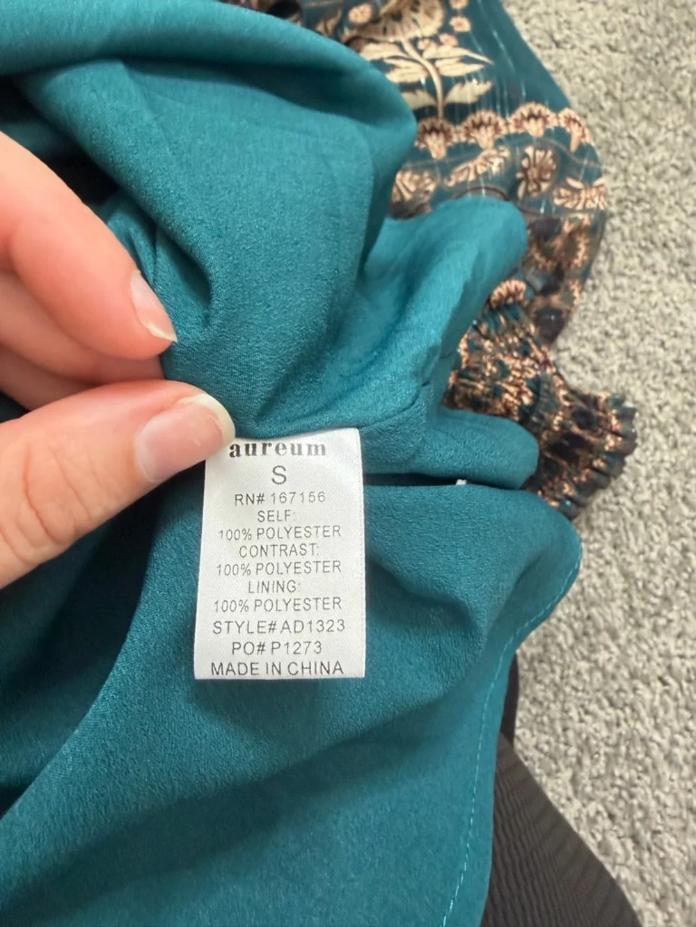 NWT AUREUM Teal and Peach Ruffled Long-Sleeve Tiered Mini Dress - Picture 9 of 9